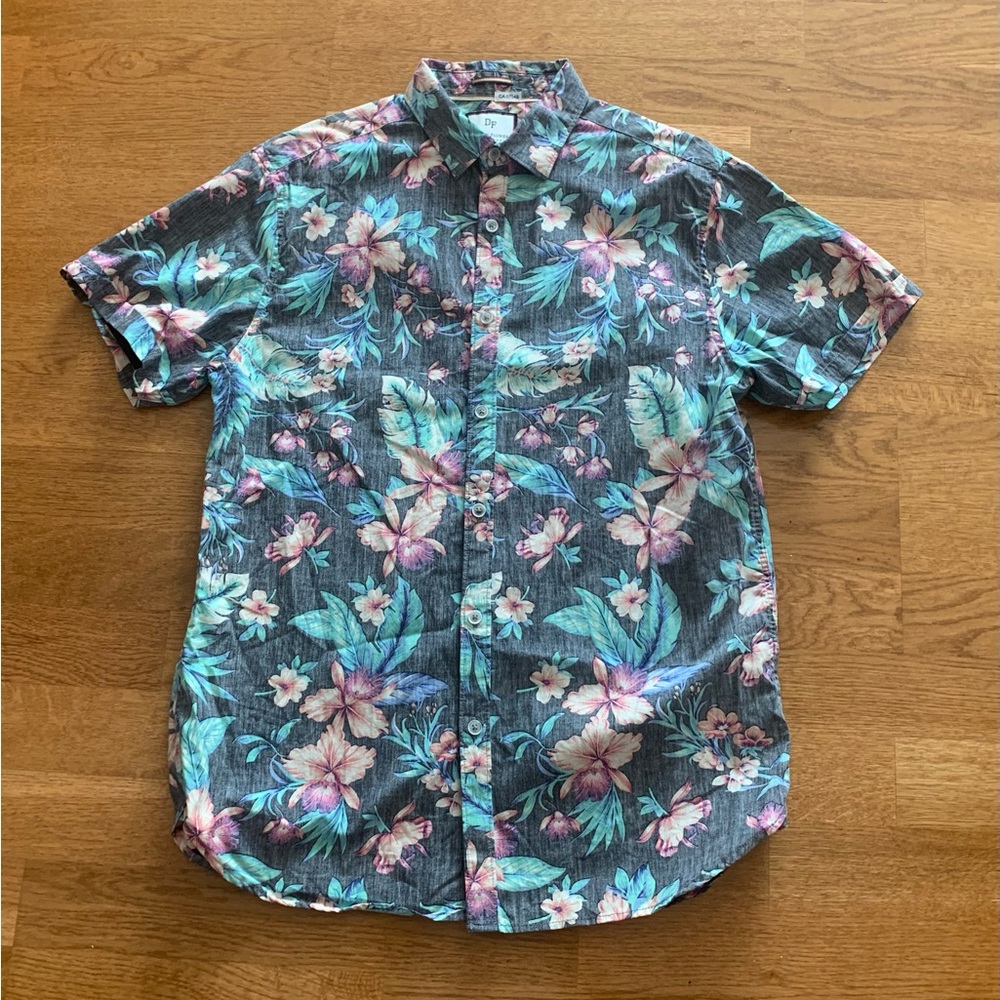 Denim & Flower Short Sleeve Hawaiian Print Shirt Size Medium